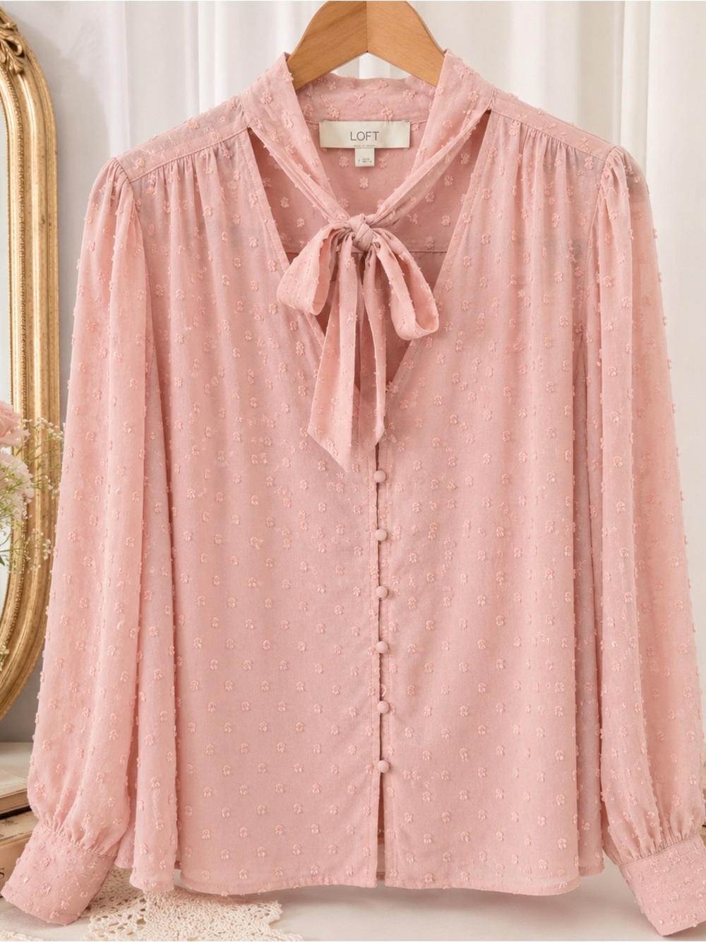 LOFT Feminine Balletcore Swiss Dot Button Front Top Size S